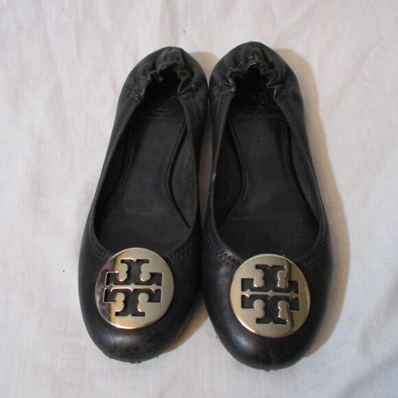Womens TORY BURCH REVA Leather Ballet Flats Slip On Shoes 7.5 BLACK Signature - Picture 2 of 8